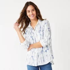 Women's Sonoma Goods For Life® Essential Everyday Button-Down Shirt -Sonoma Store 4991213 Blue Tie Dye