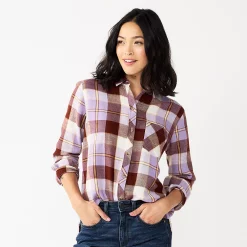 Women's Sonoma Goods For Life® Essential Everyday Button-Down Shirt -Sonoma Store 4991213 Brown Purple Plaid
