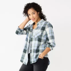 Women's Sonoma Goods For Life® Essential Everyday Button-Down Shirt -Sonoma Store 4991213 Green Blue Plaid