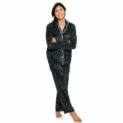 Women's Sonoma Goods For Life® Velour Long Sleeve Pajama Shirt & Pajama Pants Sleep Set -Sonoma Store 5033010 Black Stars