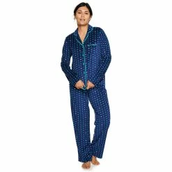 Women's Sonoma Goods For Life® Velour Long Sleeve Pajama Shirt & Pajama Pants Sleep Set -Sonoma Store 5033010 Navy Dot