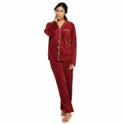 Women's Sonoma Goods For Life® Velour Long Sleeve Pajama Shirt & Pajama Pants Sleep Set -Sonoma Store 5033010 Red Embossed Heart