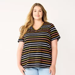 Plus Size Sonoma Goods For Life® Everyday V-Neck Tee -Sonoma Store 5232145 Black Multi Stripe