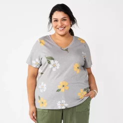 Plus Size Sonoma Goods For Life® Everyday V-Neck Tee -Sonoma Store 5232145 Large Gray Floral