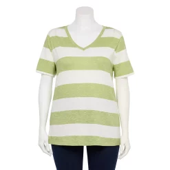 Plus Size Sonoma Goods For Life® Everyday V-Neck Tee -Sonoma Store 5232145 Lime Rugby Stripe