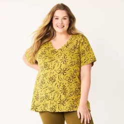 Plus Size Sonoma Goods For Life® Everyday V-Neck Tee -Sonoma Store 5232145 Olive Ornate Floral