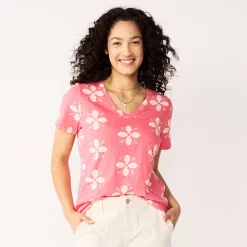 Plus Size Sonoma Goods For Life® Everyday V-Neck Tee -Sonoma Store 5232145 Pink Geo Flower