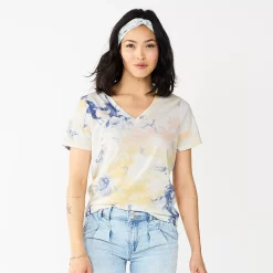 Petite Sonoma Goods For Life® Everyday Short Sleeve V-Neck Tee -Sonoma Store 5234230 Blue Peach Tie Dye
