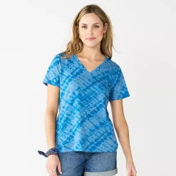 Petite Sonoma Goods For Life® Everyday Short Sleeve V-Neck Tee -Sonoma Store 5234230 Indigo Diagonal Dye