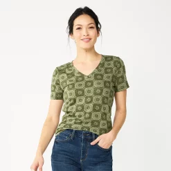 Petite Sonoma Goods For Life® Everyday Short Sleeve V-Neck Tee -Sonoma Store 5234230 Olive Check Floral