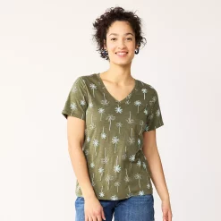 Petite Sonoma Goods For Life® Everyday Short Sleeve V-Neck Tee -Sonoma Store 5234230 Olive Teal Palm Trees