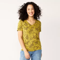 Petite Sonoma Goods For Life® Everyday Short Sleeve V-Neck Tee -Sonoma Store 5234230 Ornate Olive Floral