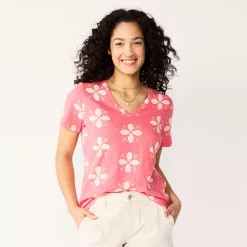 Petite Sonoma Goods For Life® Everyday Short Sleeve V-Neck Tee -Sonoma Store 5234230 Pink Geo Flower