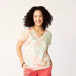 Petite Sonoma Goods For Life® Everyday Short Sleeve V-Neck Tee -Sonoma Store 5234230 Red White Blue Tie Dye