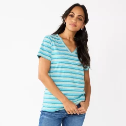 Petite Sonoma Goods For Life® Everyday Short Sleeve V-Neck Tee -Sonoma Store 5234230 Teal Multi Stripe