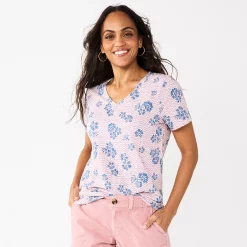Petite Sonoma Goods For Life® Everyday Short Sleeve V-Neck Tee -Sonoma Store 5234230 Wavy Pink Floral