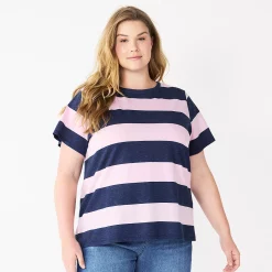 Plus Size Sonoma Goods For Life® Everyday Crewneck Tee -Sonoma Store 5259072 Purp Navy Rugby Stripe