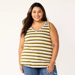 Plus Size Sonoma Goods For Life® V-Neck Swing Tank -Sonoma Store 5497118 Green Stripe