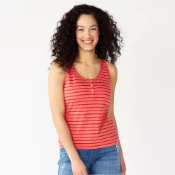 Women's Sonoma Goods For Life® Striped Henley Tank Top -Sonoma Store 5529186 Red Coral Stripe