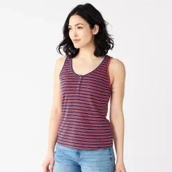 Women's Sonoma Goods For Life® Striped Henley Tank Top -Sonoma Store 5529186 Red Navy Stripe