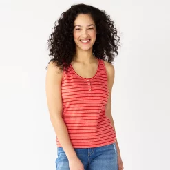 Women's Sonoma Goods For Life® Striped Henley Tank -Sonoma Store 5542172 Red Coral Stripe