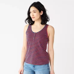 Women's Sonoma Goods For Life® Striped Henley Tank -Sonoma Store 5542172 Red Navy Stripe
