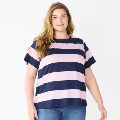 Petite Plus Size Sonoma Goods For Life® Crewneck Tee -Sonoma Store 5572597 Purp Navy Rugby Stripe