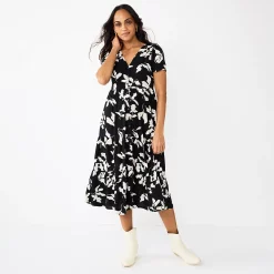 Women's Sonoma Goods For Life® Button Front Tiered Midi Dress -Sonoma Store 5579211 Black Tan Floral