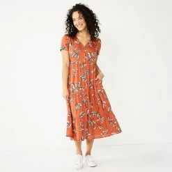Women's Sonoma Goods For Life® Button Front Tiered Midi Dress -Sonoma Store 5579211 Rust Floral