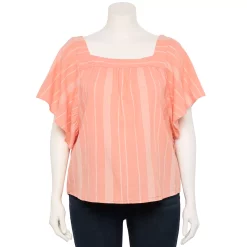 Plus Size Sonoma Goods For Life® Flutter Shoulder Top -Sonoma Store 5581181 Coral Cream Stripe