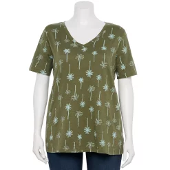 Petite Plus Size Sonoma Goods For Life® Everyday V-Neck Tee -Sonoma Store 5581510 Olive Teal Palm Trees