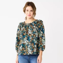 Women's Sonoma Goods For Life® Ruffle Shoulder Peasant Top -Sonoma Store 5584039 Blue Black Floral