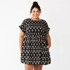 Plus Size Sonoma Goods For Life® Ruffled A-Line Mini Dress -Sonoma Store 5584068 Black Ikat