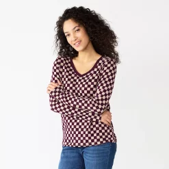 Women's Sonoma Goods For Life® Everyday V-Neck Long Sleeve Tee 46 Women's Sonoma Goods For Life® Everyday V-Neck Long Sleeve Tee -Sonoma Store 5625801 Berry Checkerboard