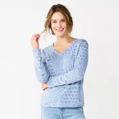 Women's Sonoma Goods For Life® Everyday V-Neck Long Sleeve Tee 44 Women's Sonoma Goods For Life® Everyday V-Neck Long Sleeve Tee -Sonoma Store 5625801 Blue Patchwork
