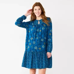 Women's Sonoma Goods For Life® Printed Long Sleeve Dress -Sonoma Store 5657674 Blue Multi Floral