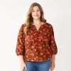 Plus Size Sonoma Goods For Life® Notchneck Long Sleeve Top -Sonoma Store 5661416 Brown Coral Floral