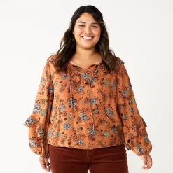 Plus Size Sonoma Goods For Life® Ruffle Peasant Top -Sonoma Store 5662063 Brown Blue Floral