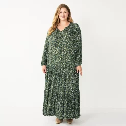 Plus Size Sonoma Goods For Life® Tiered Long Sleeve Maxi Dress -Sonoma Store 5664433 Olive Multi Floral