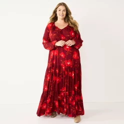 Plus Size Sonoma Goods For Life® Tiered Long Sleeve Maxi Dress -Sonoma Store 5664433 Red Floral