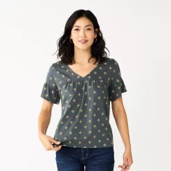 Women's Sonoma Goods For Life® Ruffled Babydoll Top -Sonoma Store 5665750 Gray Gold Geo