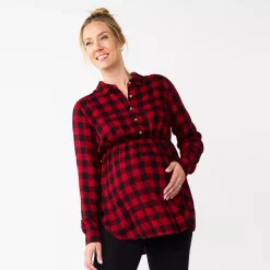 Maternity Sonoma Goods For Life® Belted Empire-Waist Tunic Shirt -Sonoma Store 5679572 Red Plaid