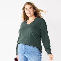 Plus Size Sonoma Goods For Life® Smocked Sleeve V-Neck Top -Sonoma Store 5689960 Dark Green