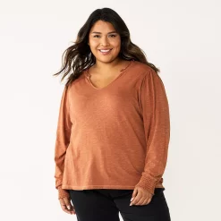 Plus Size Sonoma Goods For Life® Smocked Sleeve V-Neck Top -Sonoma Store 5689960 Orange