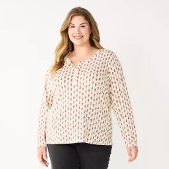 Plus Size Sonoma Goods For Life® Essential Long Sleeve Henley Top -Sonoma Store 5690602 Cream Floral
