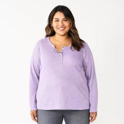 Plus Size Sonoma Goods For Life® Essential Long Sleeve Henley Top -Sonoma Store 5690602 Light Purple