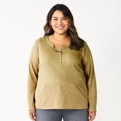 Plus Size Sonoma Goods For Life® Essential Long Sleeve Henley Top -Sonoma Store 5690602 Olive