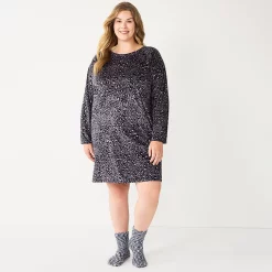 Plus Size Sonoma Goods For Life® 2-pc. Long Sleeve Crewneck Sleepshirt & Socks Set -Sonoma Store 5690616 Black Leopard