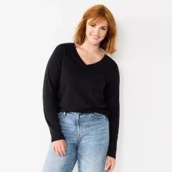 Petite Sonoma Goods For Life® Everyday Long Sleeve V-Neck Top -Sonoma Store 5705363 Black