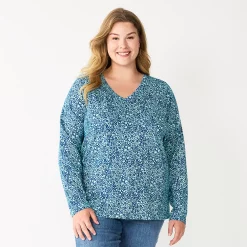 Plus Size Sonoma Goods For Life® Favorite Long Sleeve V-Neck Tee -Sonoma Store 5705505 Blue Floral